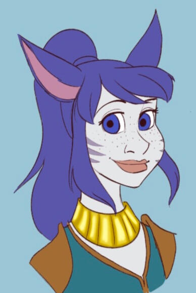 Perhi Winkle, pale keeper of the moon Miqo’te with purple hair in a ponytail and large blue eyes