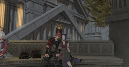 Perhi Winkle, pale keeper of the moon Miqo’te with purple hair in a ponytail and large blue eyes