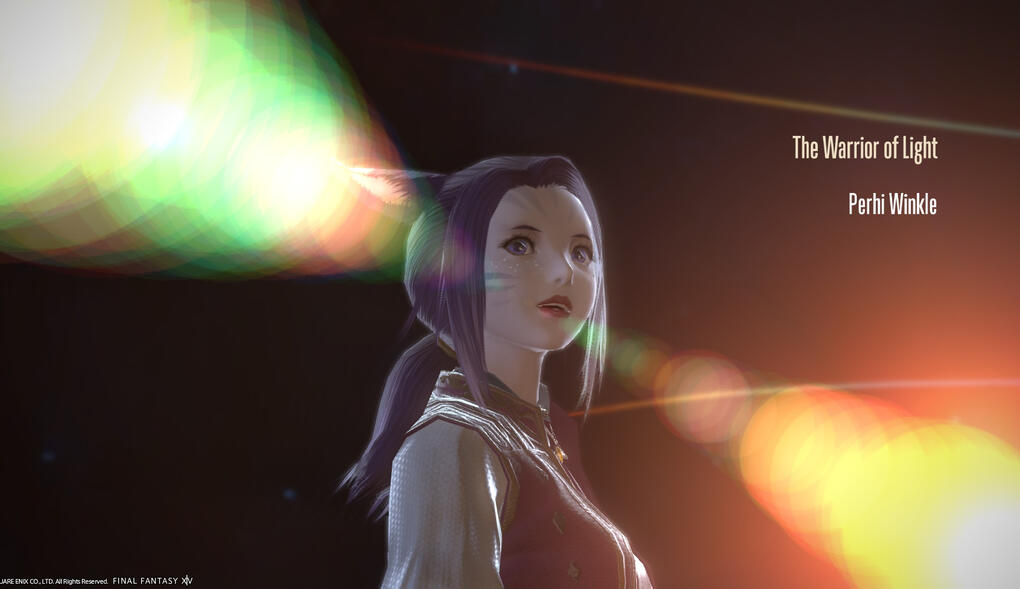 Perhi Winkle, pale keeper of the moon Miqo’te with purple hair in a ponytail and large blue eyes